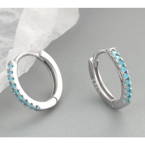 NEW Mens Unisex Turquoise 925 Sterling Silver Hoop Earrings, 9mm